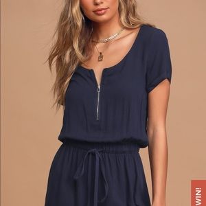 Lulus Navy Blue Short Sleeve Zip-Front Romper